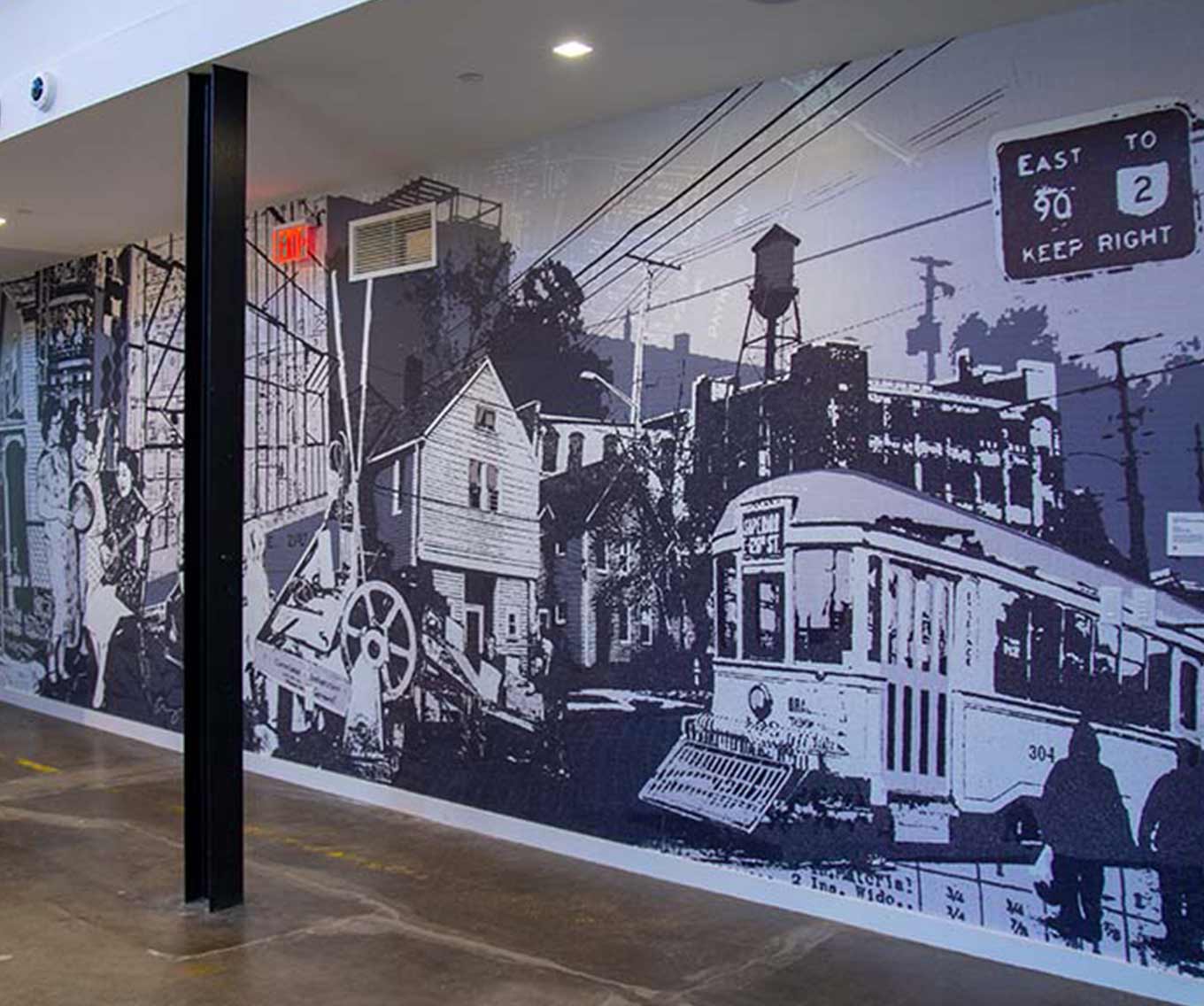 The Paint the District mural titled “Superior Avenue” inside of the CrossCountry Mortgage headquarters in Cleveland, OH