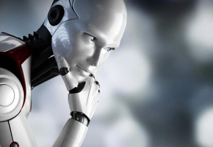 An image of a futuristic robot thinking.