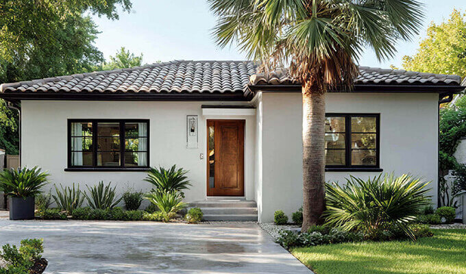 Exterior of a modern white second home with a wooden door, palm tree, and landscaped front yard.