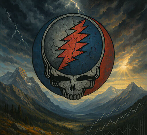 The Grateful Dead logo, in the background there is a landscape of mountains and storm clouds.