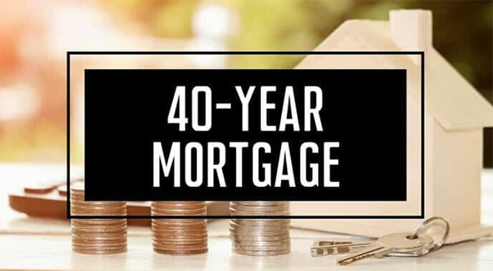 40 year mortgage graphic with house keys and coins on a table in the background.
