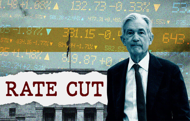 Edited image of Jerome Powell with numbers in the background.