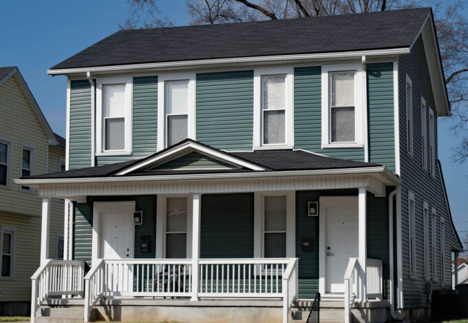 Exterior of duplex home purchased as a real estate investment property.