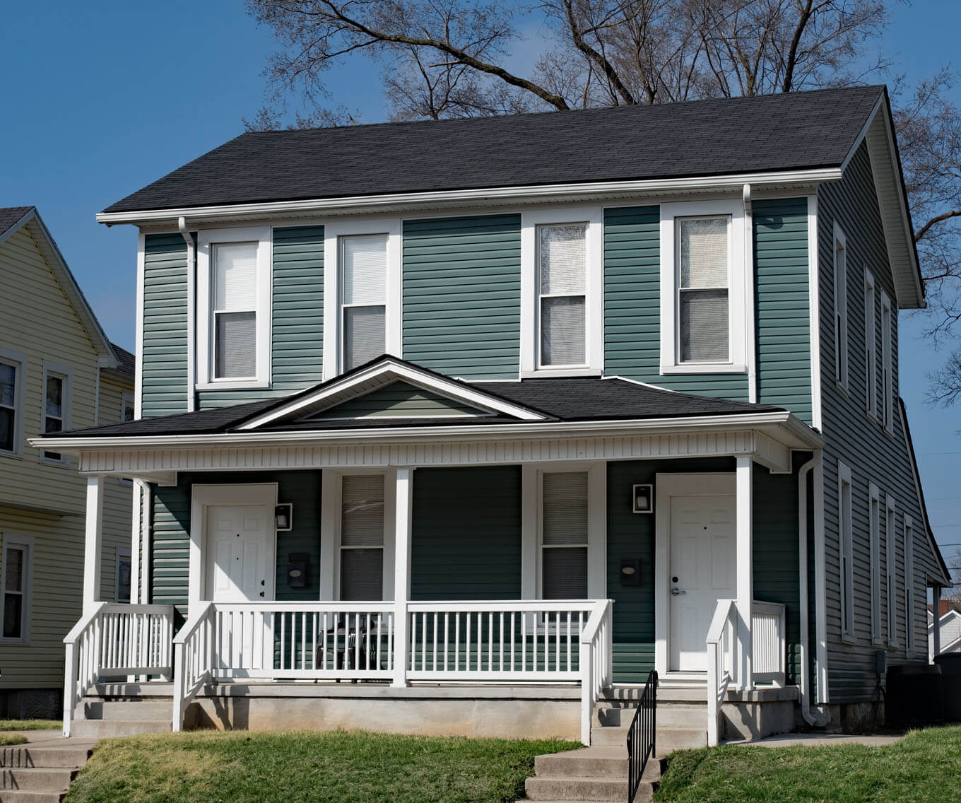 Exterior of duplex home purchased as a real estate investment property.