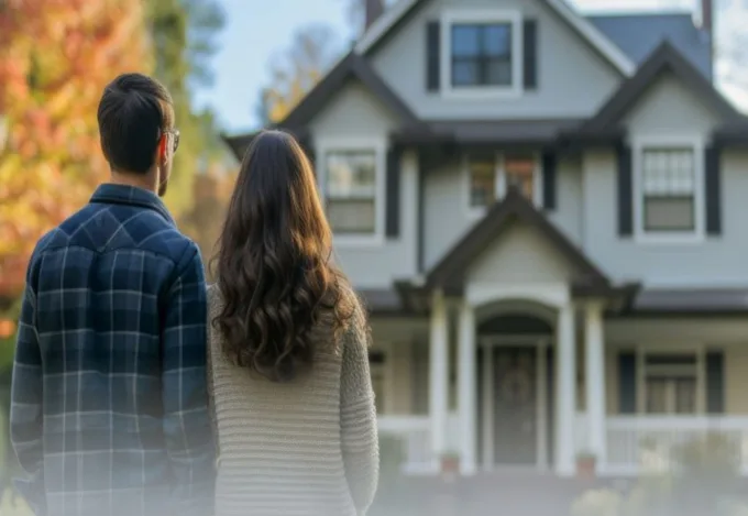 A man and a woman with their backs to the camera looking at a home. Possibly potential homebuyers.