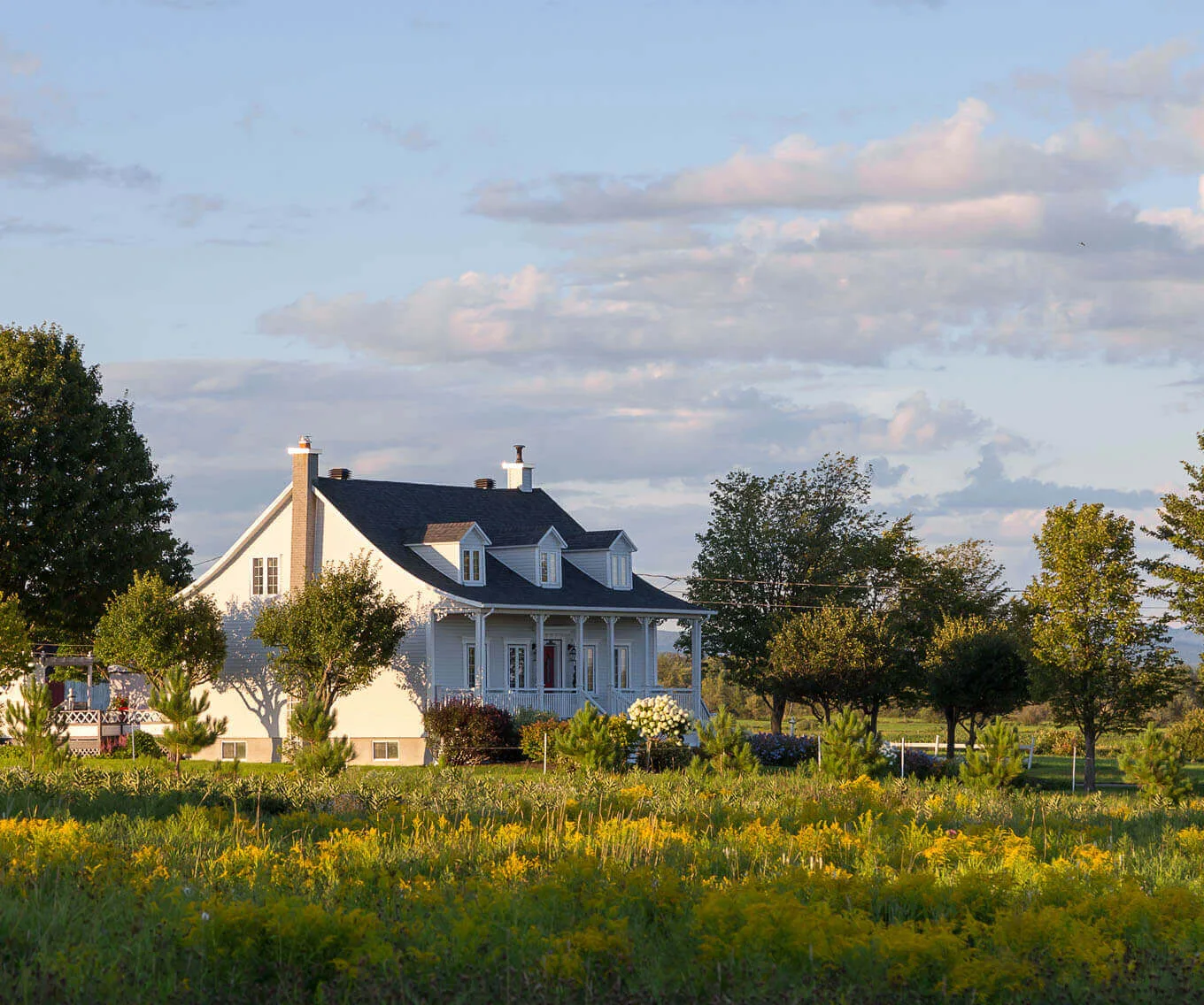 White farmhouse-style home in a rural landscape with open fields and trees, representing USDA loan property eligibility vs FHA loan flexibility