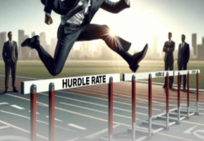 A man in a suit running on a track. Jumping over a hurdle labeled "Hurdle Rate".