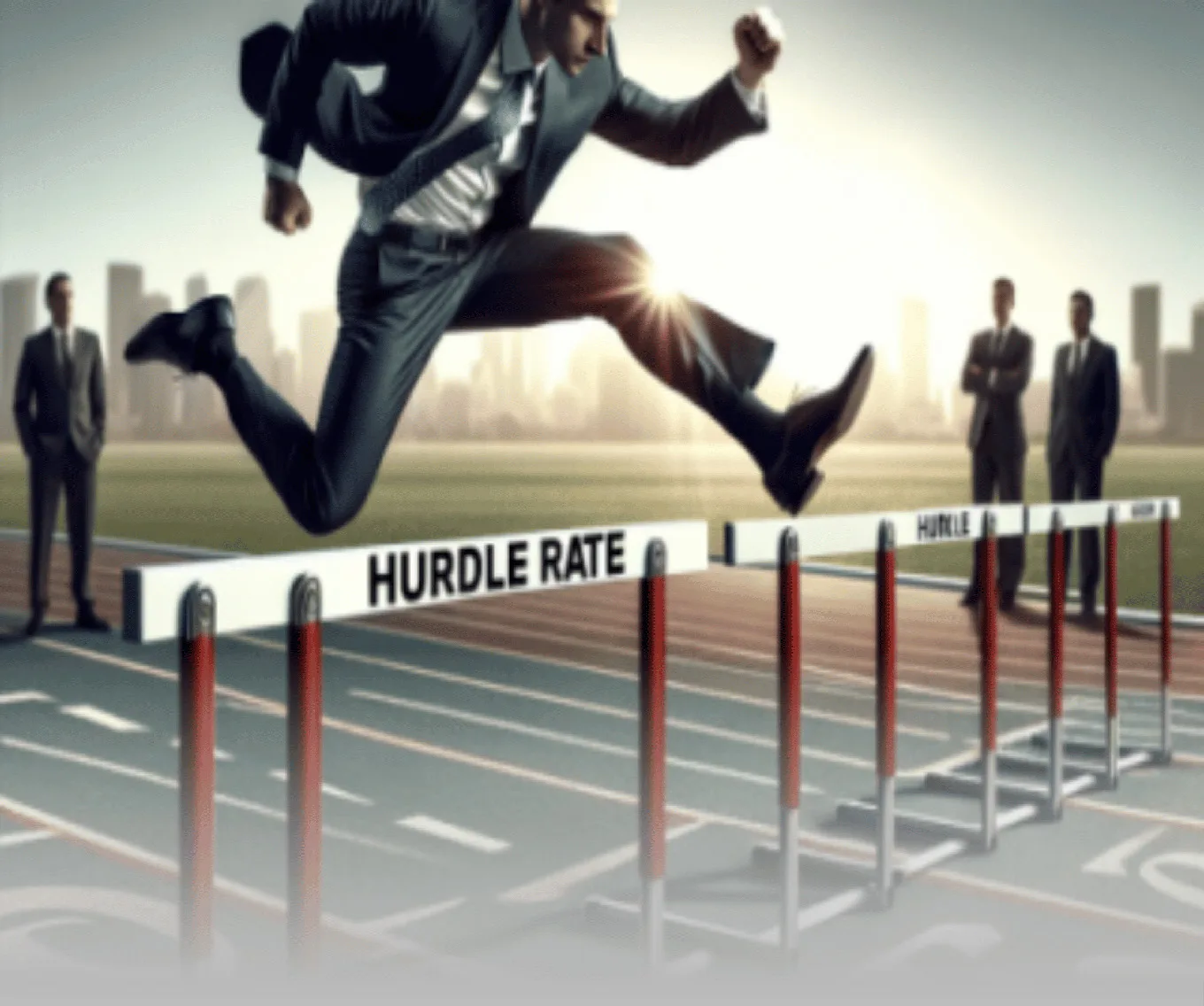 A man in a suit running on a track. Jumping over a hurdle labeled 