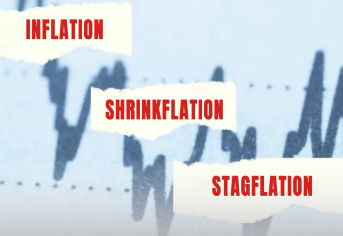 An image of a graph with the words inflation, shrinkflation, and stagflation in front of it