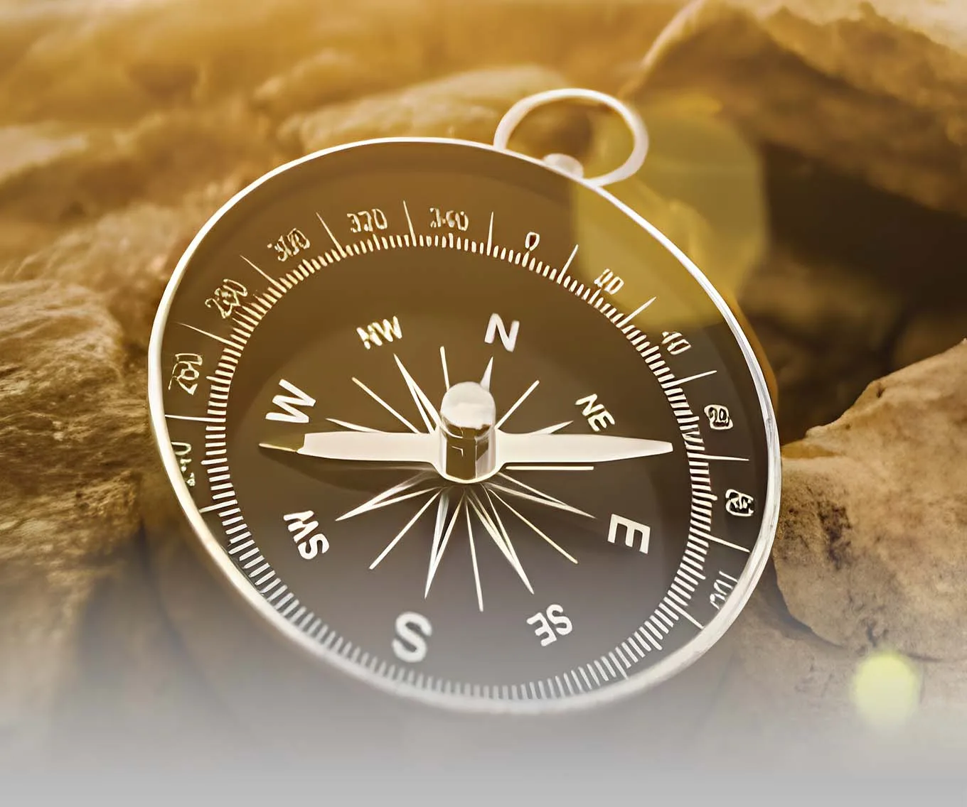 A compass sitting on rocks.