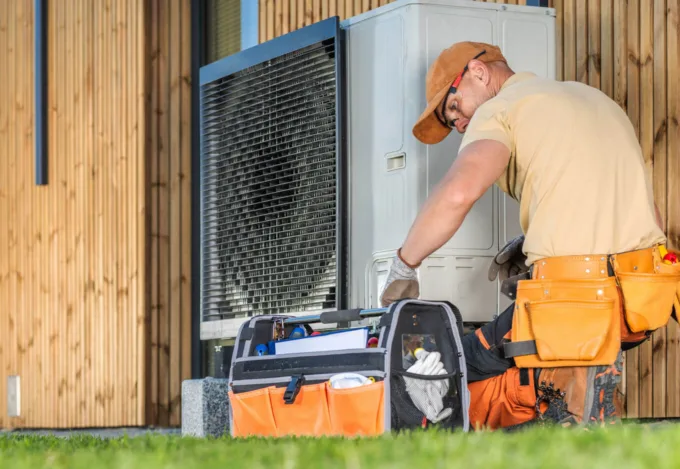 HVAC technician repairing an outdoor air conditioning unit at a home covered by a home warranty.