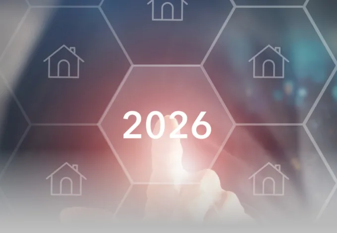 A hand reaching for a screen displaying "2026" and house icons.