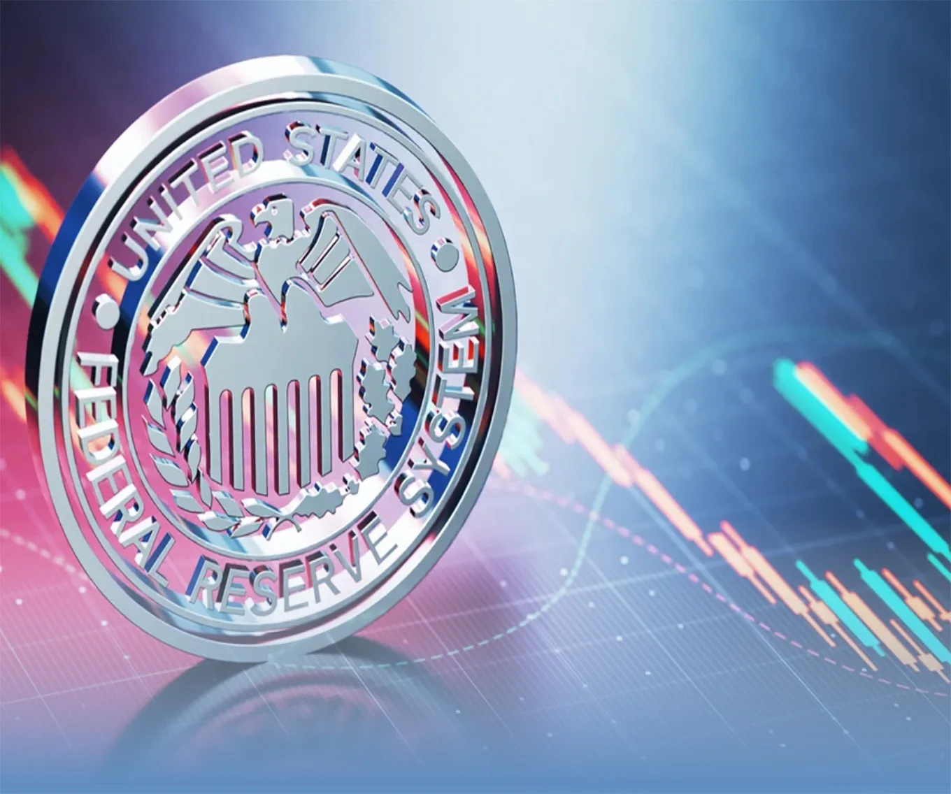 A graphic of the US Federal Reserve logo with a graph in the background.