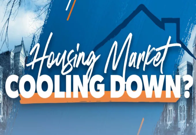 A graphic reading "Housing Market Cooling Down?" in front of images of Atlanta area homes.