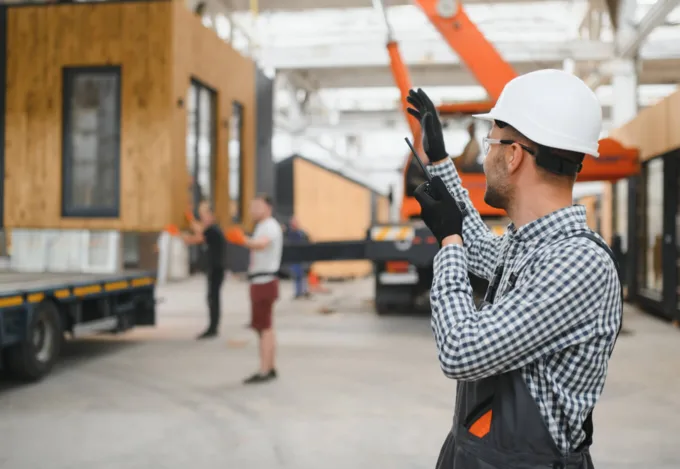 Construction worker guides a modular home inside a factory.