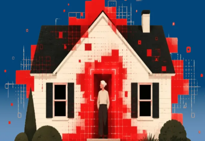 Illustration of a person standing at the front door of a house overlaid with red digital grid patterns.