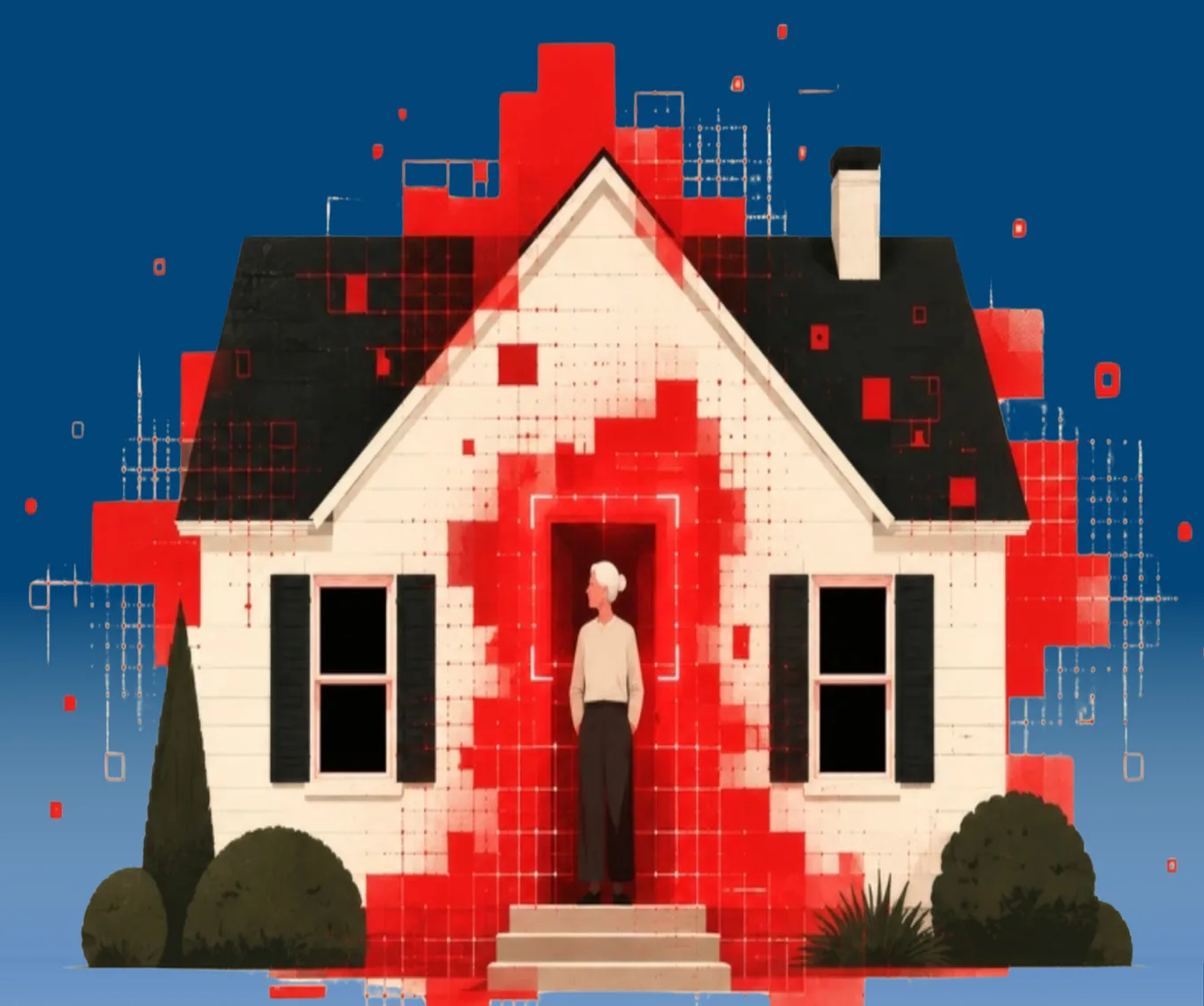 Illustration of a person standing at the front door of a house overlaid with red digital grid patterns.