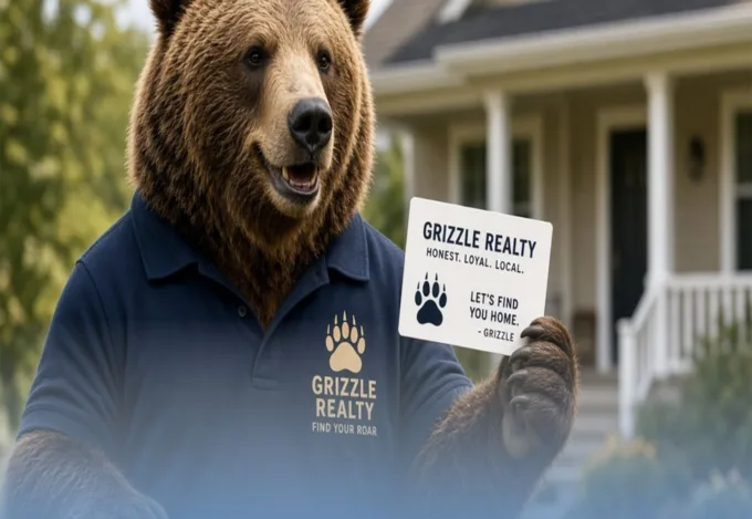 Grizzle Realty mascot bear in a branded polo holding a sign reading Honest. Loyal. Local. Let's Find You Home, standing in front of a house