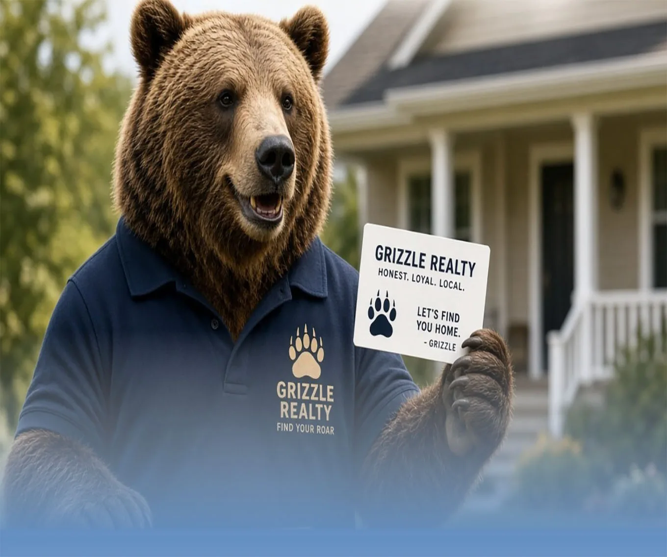 Grizzle Realty mascot bear in a branded polo holding a sign reading Honest. Loyal. Local. Let's Find You Home, standing in front of a house