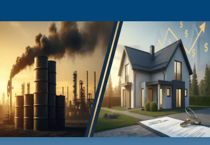 A split image. On one side there is a stack or oil drums in an industrial area. The other side is a home.