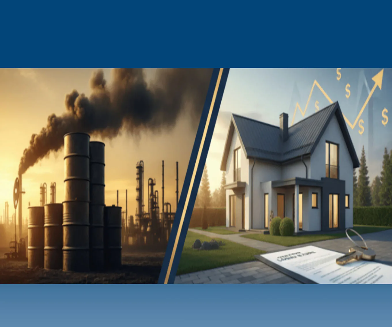 A split image. On one side there is a stack or oil drums in an industrial area. The other side is a home.