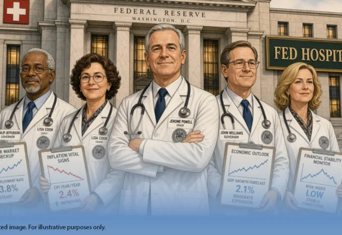 AI-generated illustration depicting Federal Reserve officials as doctors outside a "Fed Hospital," holding charts showing unemployment at 3.8%, CPI at 2.4%, GDP growth forecast at 2.1%, and a low financial stability risk index