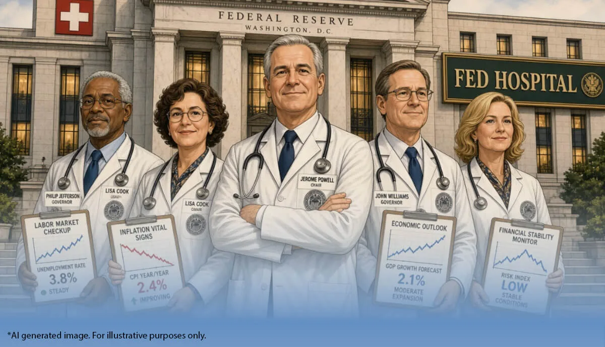 AI-generated illustration depicting Federal Reserve officials as doctors outside a 