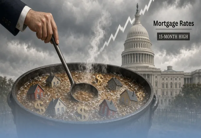 Mortgage Rates at a 15-month high, illustrated by houses and dollar signs boiling in a pot near the U.S. Capitol