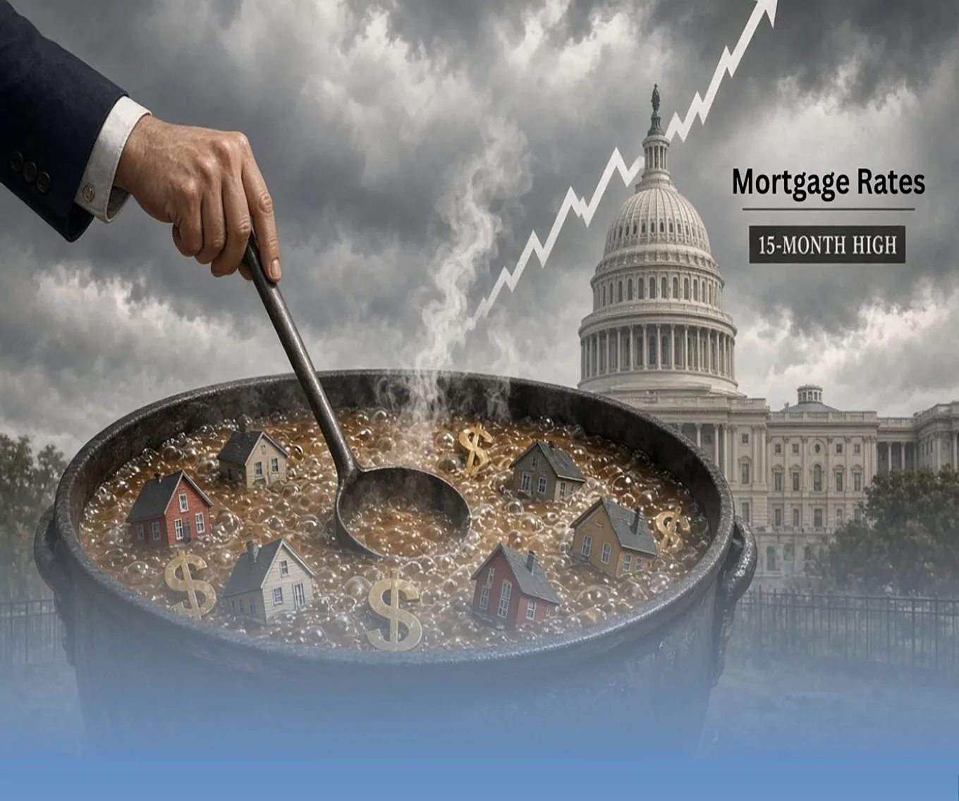 Mortgage Rates at a 15-month high, illustrated by houses and dollar signs boiling in a pot near the U.S. Capitol