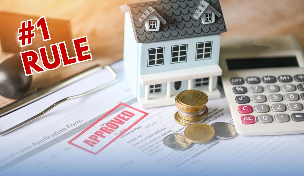 #1 Rule: approved loan application form with a miniature house model, stacked coins, and a calculator
