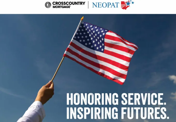 American flag waving against a blue sky with CrossCountry Mortgage and NEOPAT logos and the message “Honoring Service. Inspiring Futures.” promoting scholarships for military-connected students in Northeast Ohio.